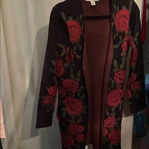 Elegant Rose Pattern Open-Front Cardigan